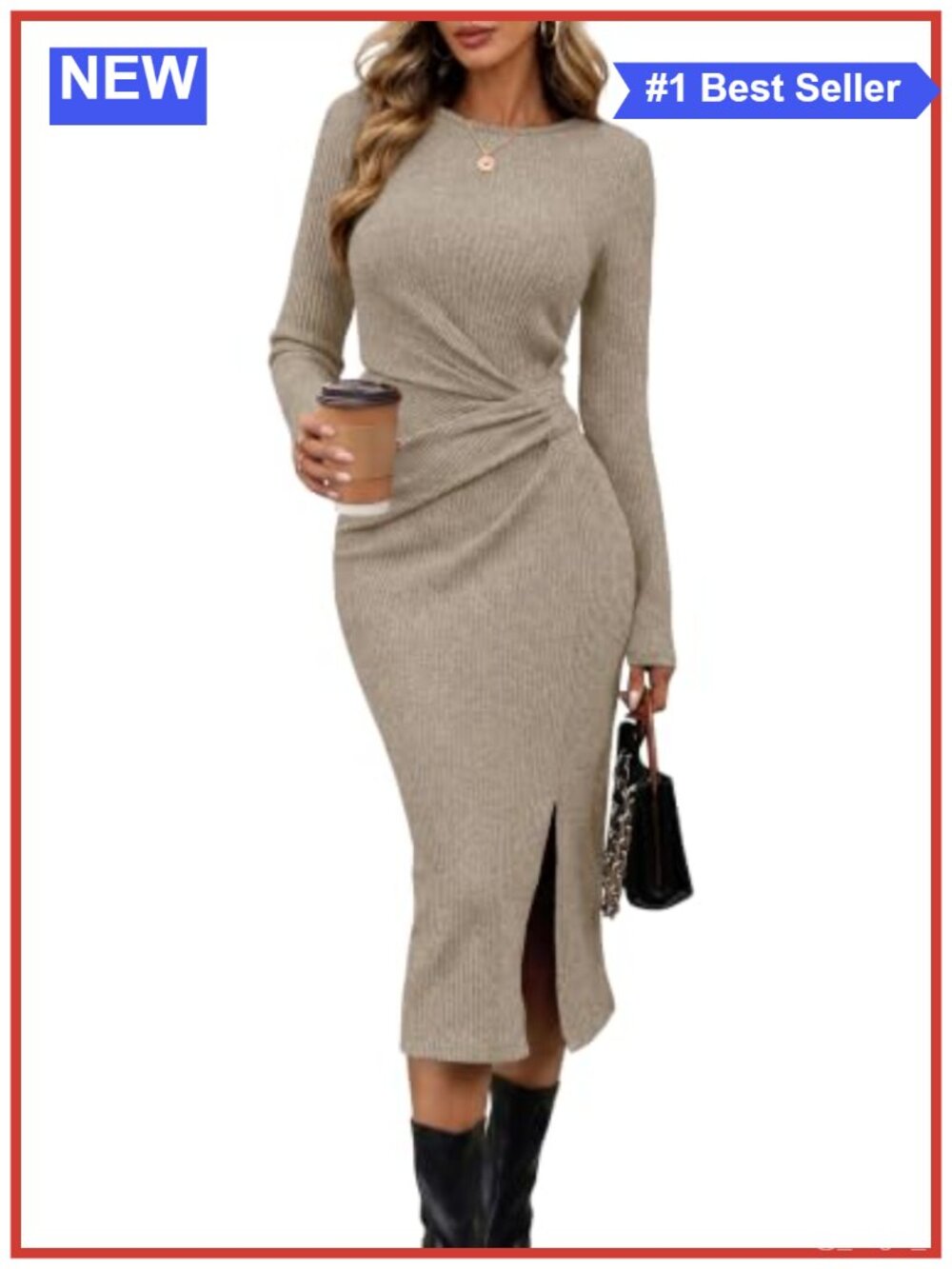 Women's Long Sleeve Knit Twist Front Midi Dress